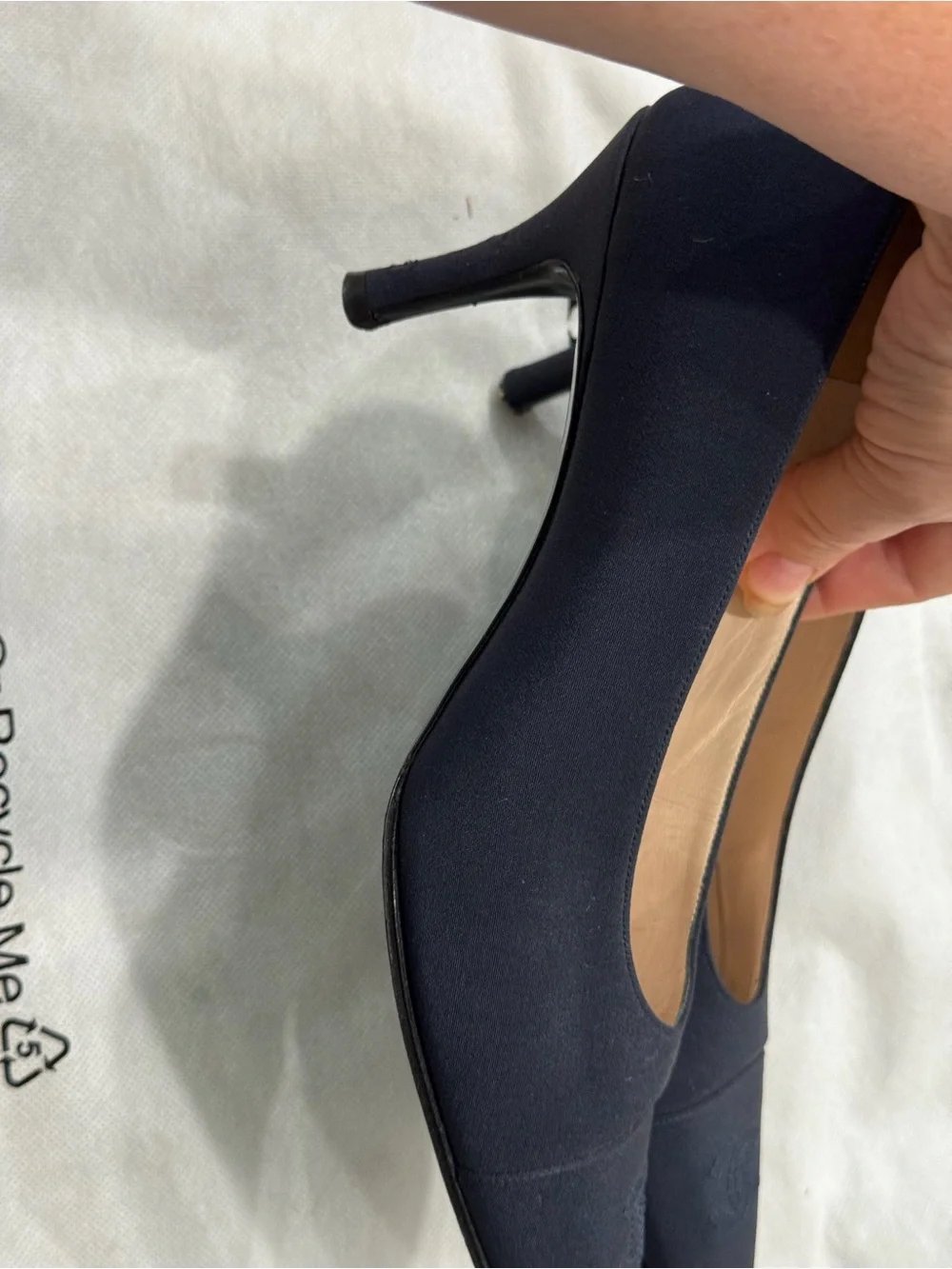 CHANEL Navy Pointed-Toe Fabric Pumps with CC Cap Toe